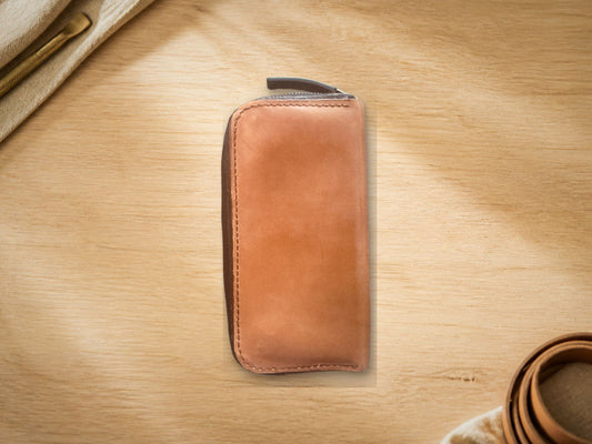 Zipper Wallet, light brown leather, closed angled view