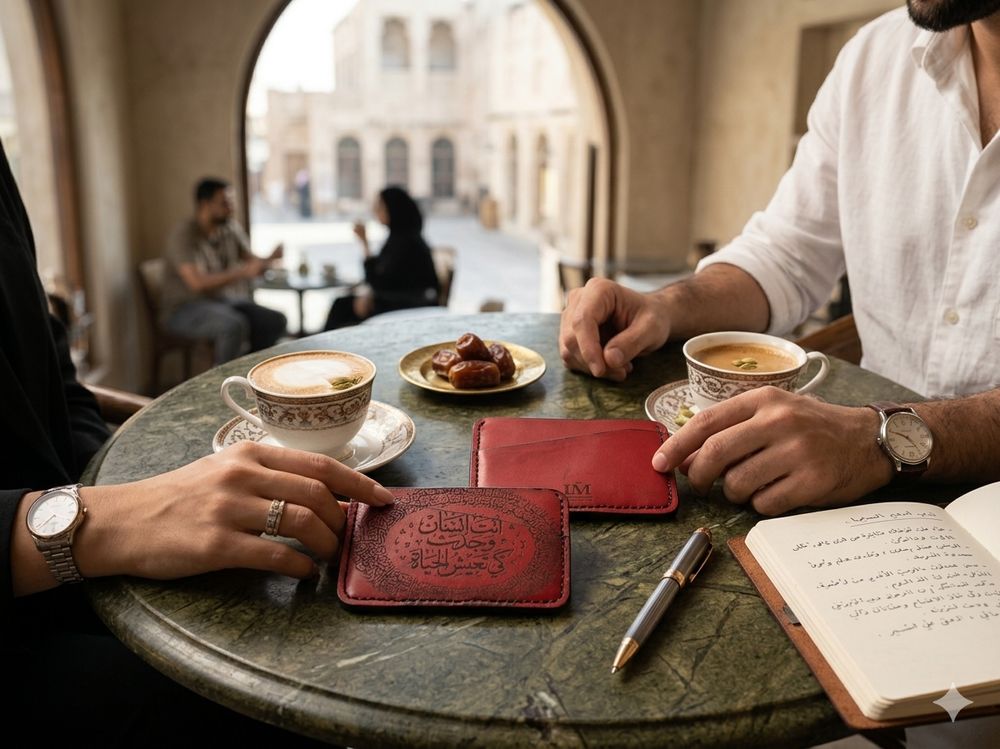 Red engraved leather card holder beside a coffee at a café table