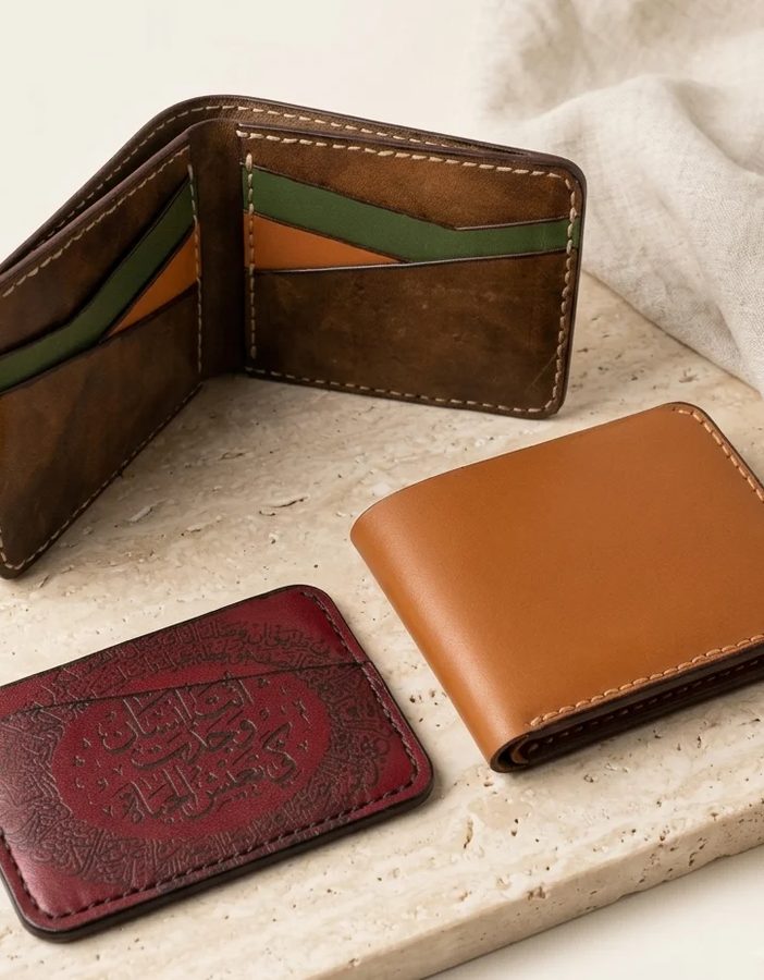 Leather wallet presented across a study table with coffee