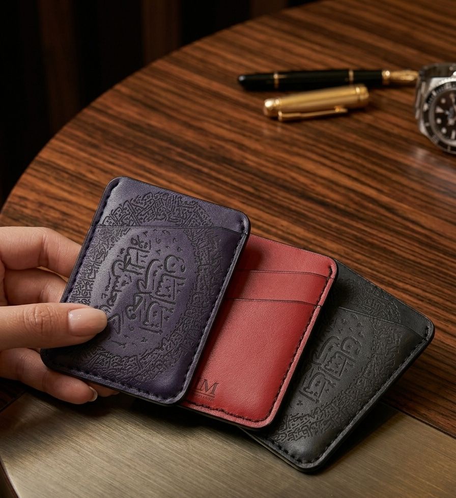 Three engraved leather card holders in plum, red and black on a wooden table