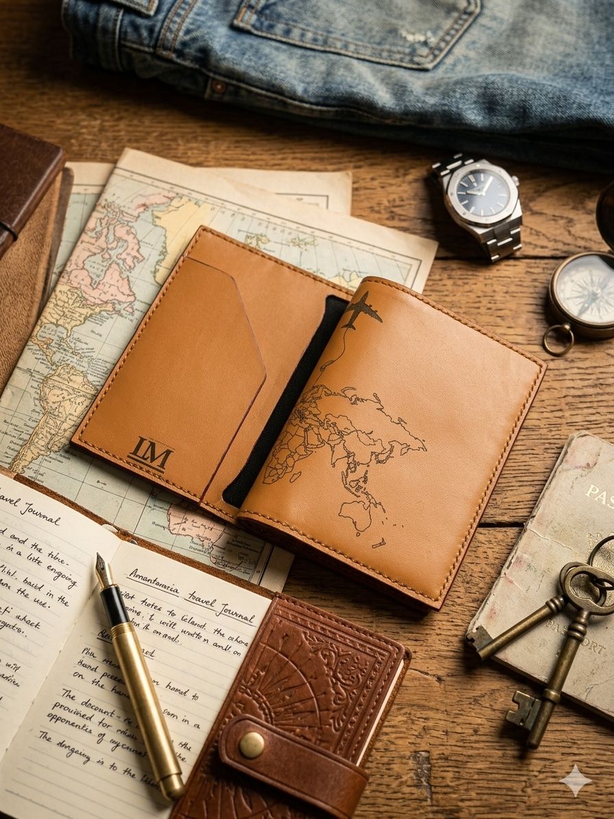 Hand-finished tan leather passport holder embossed with LM initials, on a desk with a map and travel notes