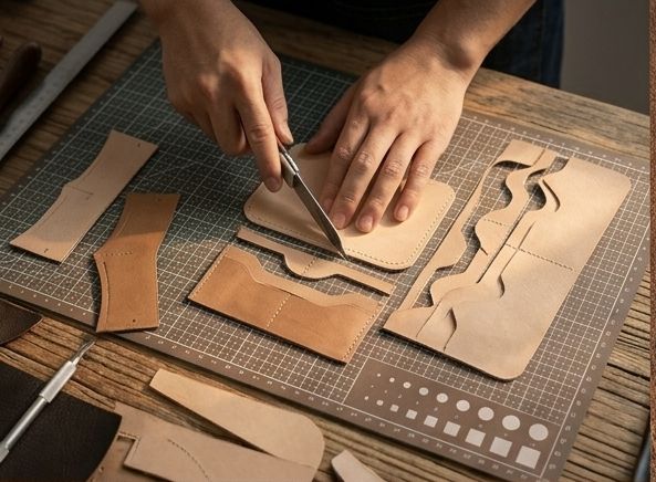 Hands cutting leather pattern pieces on a workshop cutting mat