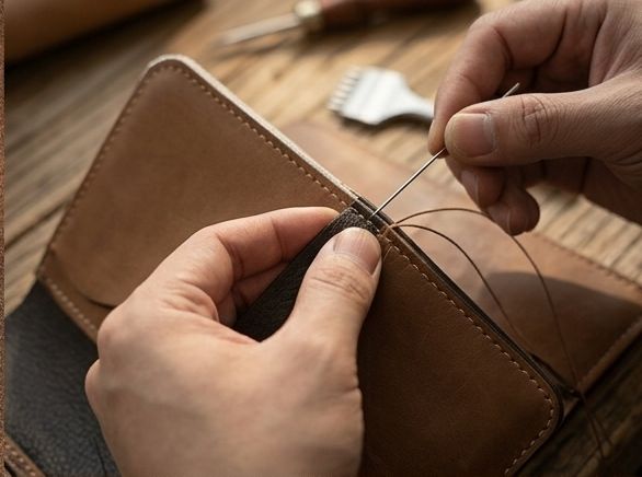 Hands saddle-stitching a leather wallet with needle and waxed thread